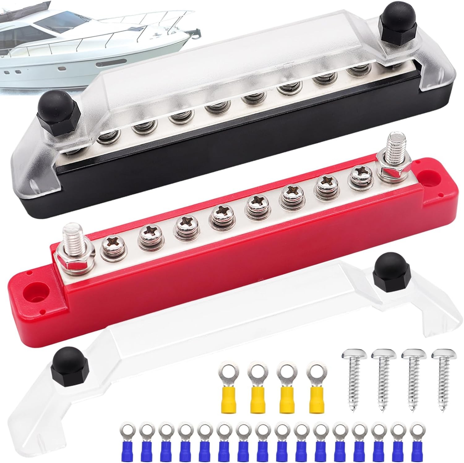 150A 12V Bus Bar Marine, 1/4″ Power 150A, 2 x M6 Studs & 8 x M4 Screws(BK+R)