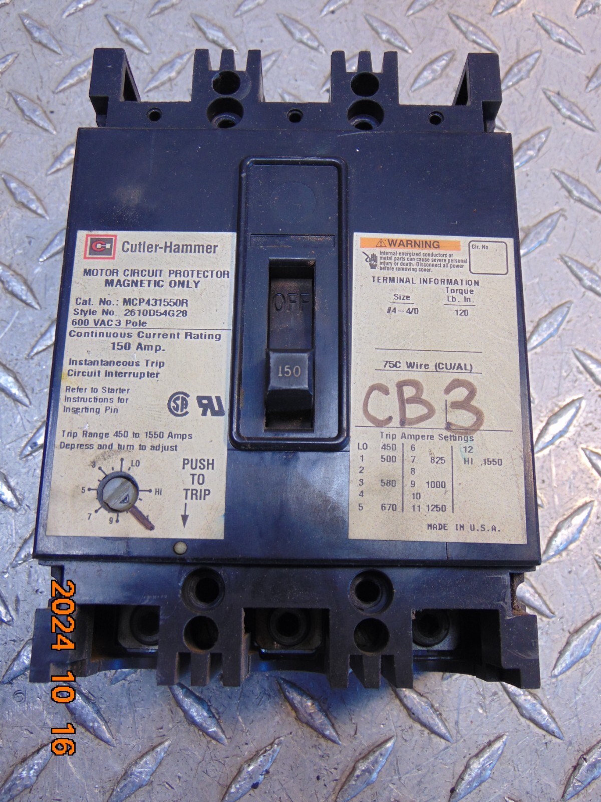 WESTINGHOUSE MCP431550R 150A 150 AMP 3P 600VAC CIRCUIT BREAKER