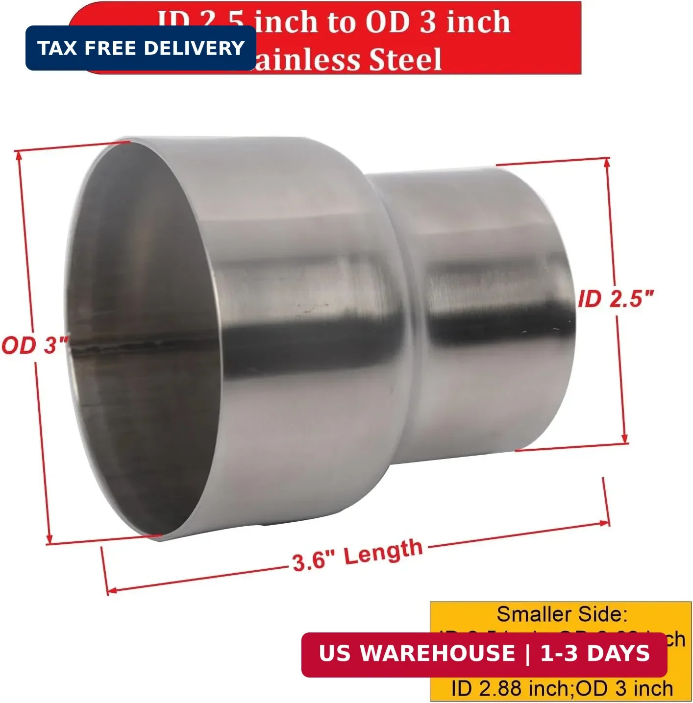 Universal Stainless ID 2.5 inch to OD 3 inch Exhaust Adapter Reducer | Seamless