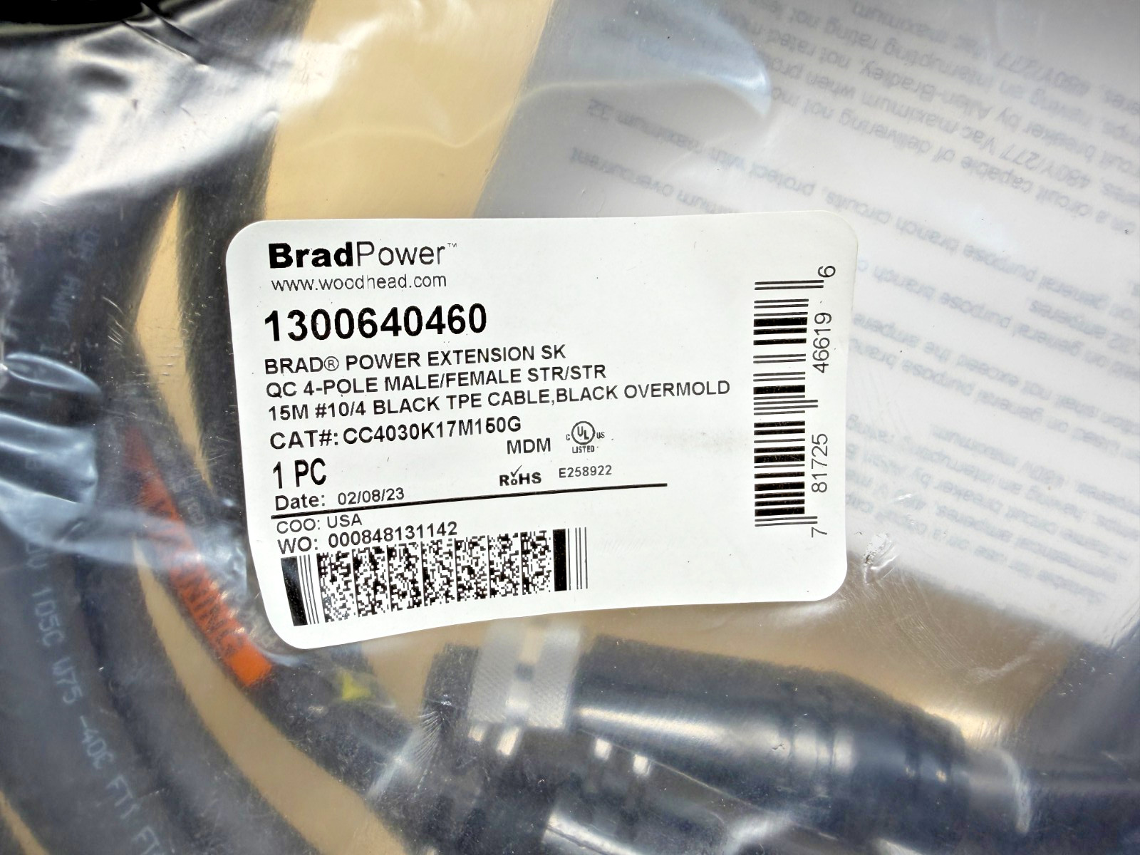 Woodhead CC4030K17M150G Brad Power SK QC 4-Pole Cable, 15M, 10/4 1300640460
