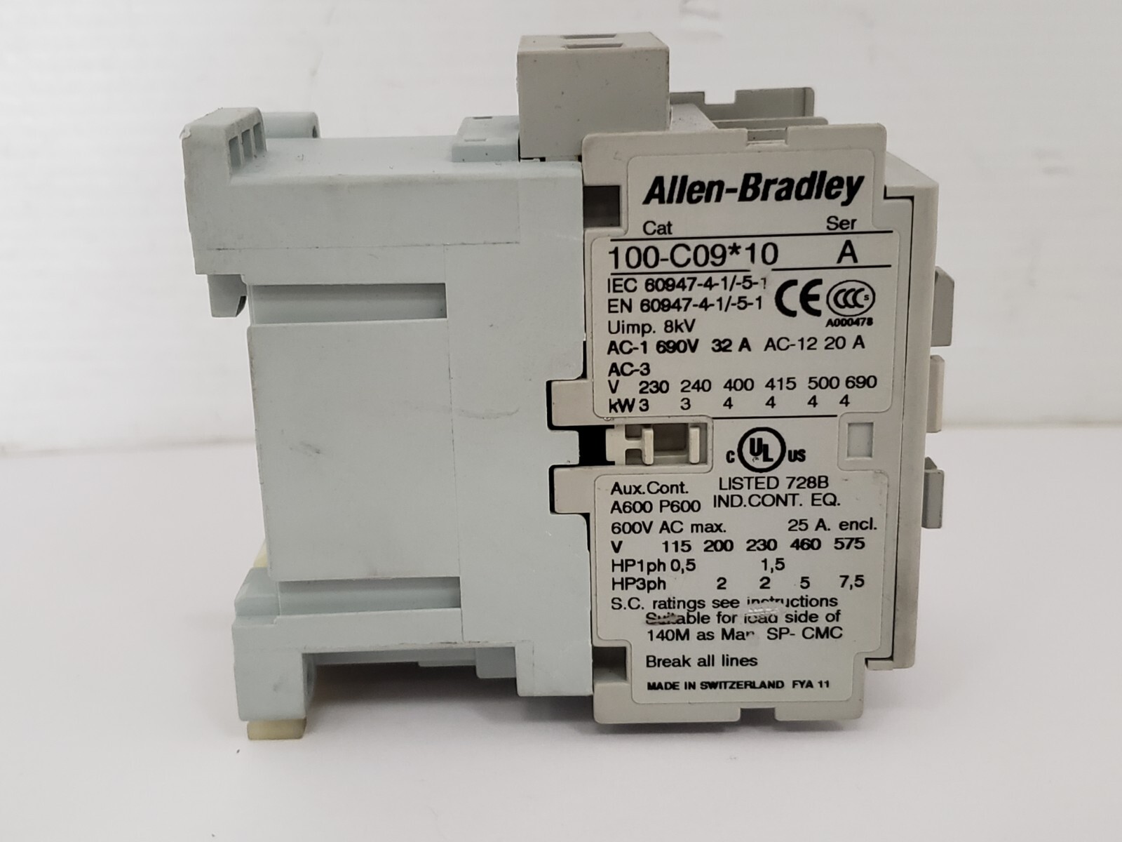ALLEN BRADLEY 100-C09D10 CONTACTOR 9A 3 POLE 1NO 110/120V SERIES A