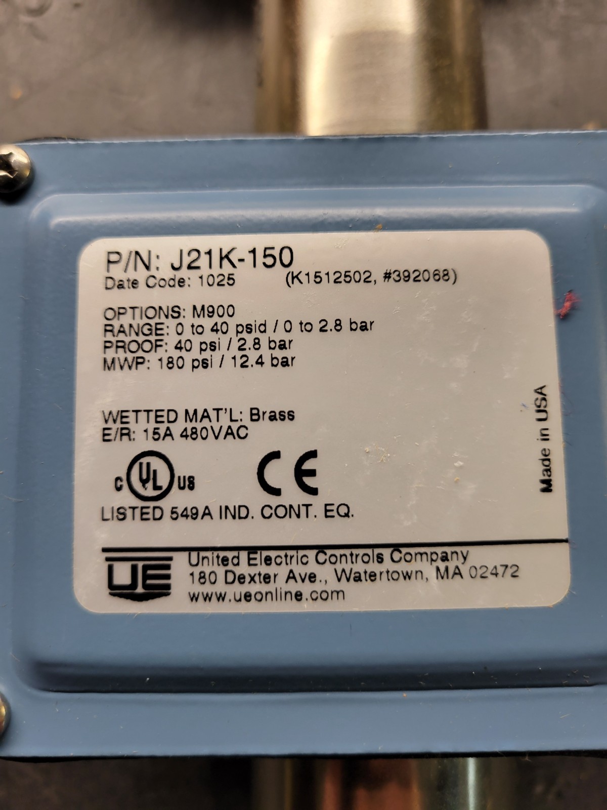 United Electric Controls J21K-150 Pressure Switch.