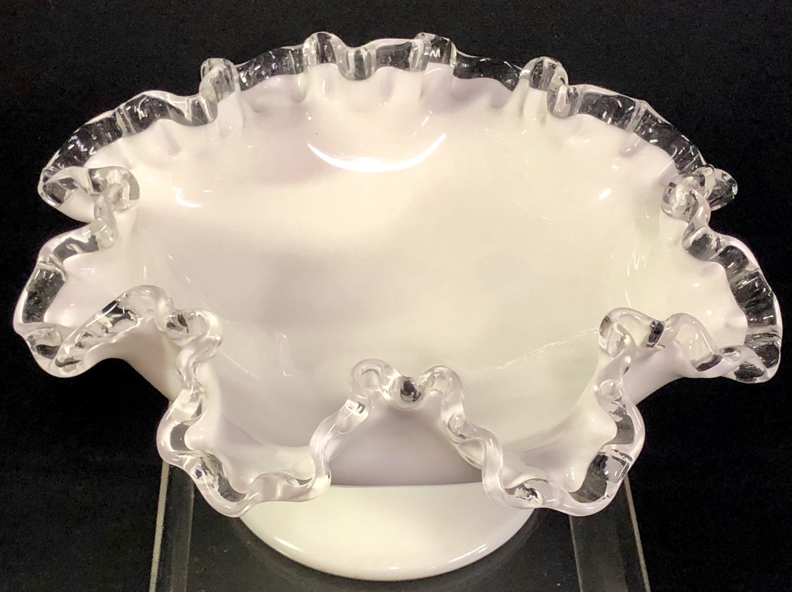 Vintage Fenton Large 8″ Milk Glass Silver Crest White Ruffled Compote Candy Dish