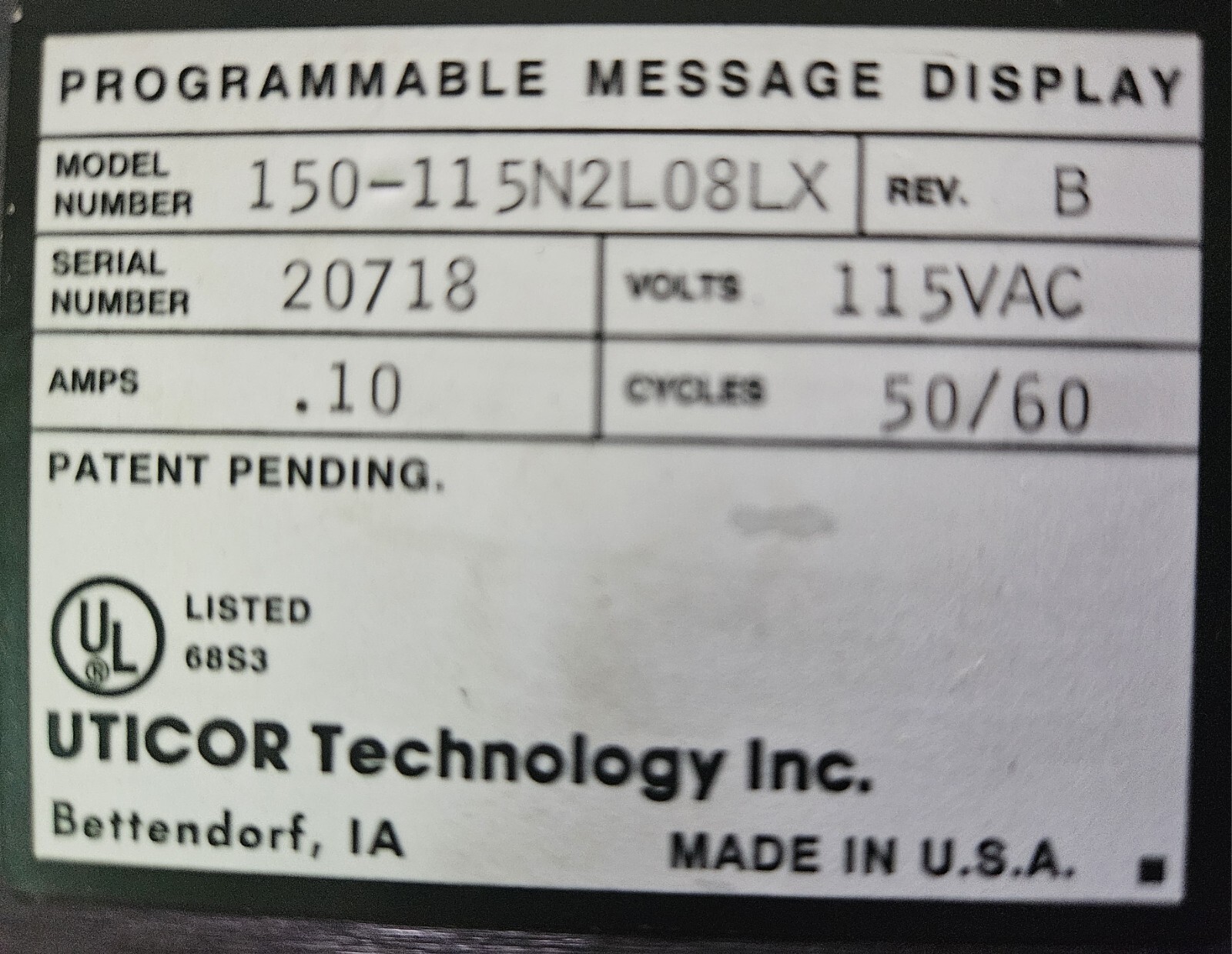 UTICOR 150-115N2L08LX / 150115N2L08LX Programmable Message Display