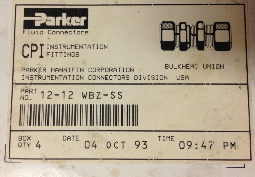 PARKER Bulkhead Union 3/4″, 12-12WBZ-SS, 12-12 WBZ-SS, 1212WBZSS, shipsameday#S2