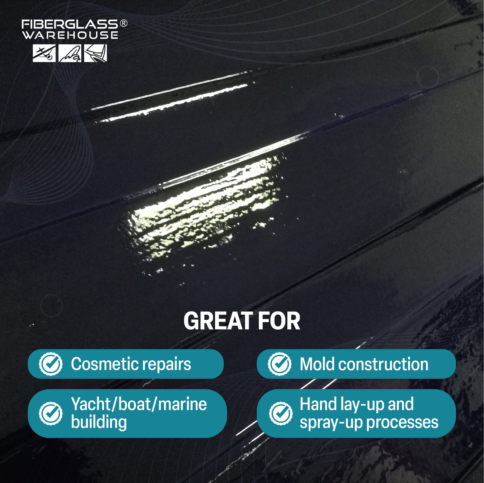 Fiberglass Warehouse Black Gel Coat –Gallon (WAXED) with 2oz MEKP Catalyst