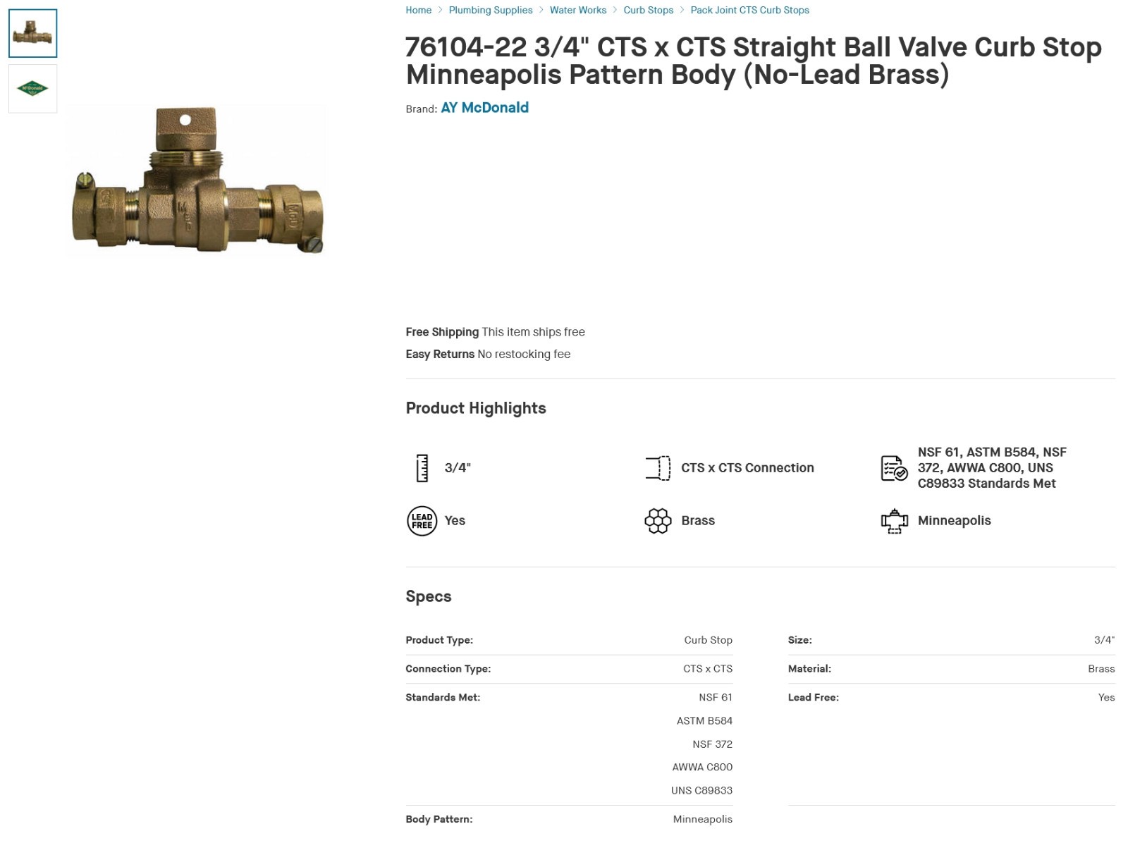1 NEW MCDONALD 76104-22 3/4″ CTSxCTS BRASS BALL VALVE CURB STOP NNB *MAKE OFFER*