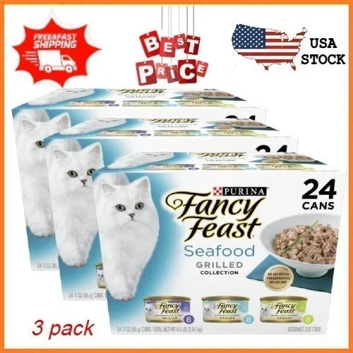 3 pack Purina Fancy Feast Grilled Kitten Food, Wet Cat Food, Seafood, 3oz,24cans