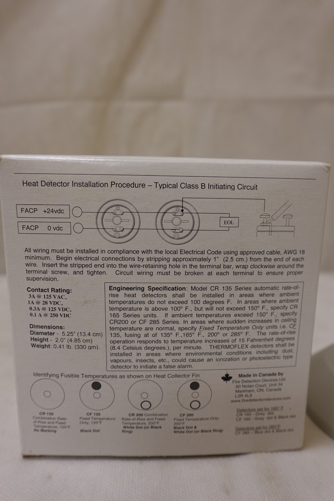 FDD Fire Detection Devices – Heat Detector CF135 / CF135C – 250VDC 0.1A NOS
