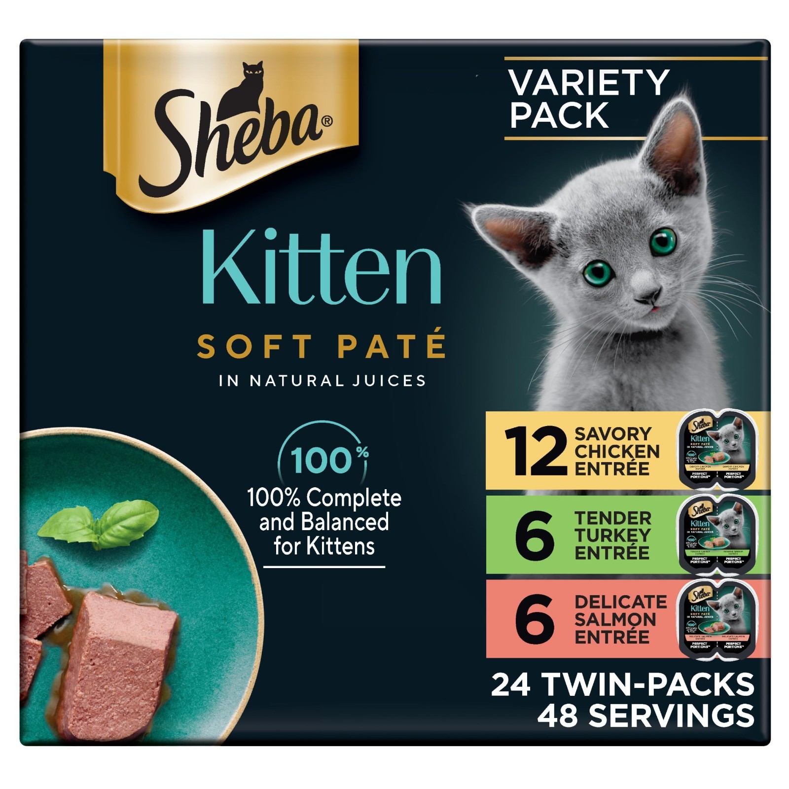 2 Packs – Sheba Kitten Wet Cat Food – Chicken, Salmon, Turkey, 24 CT
