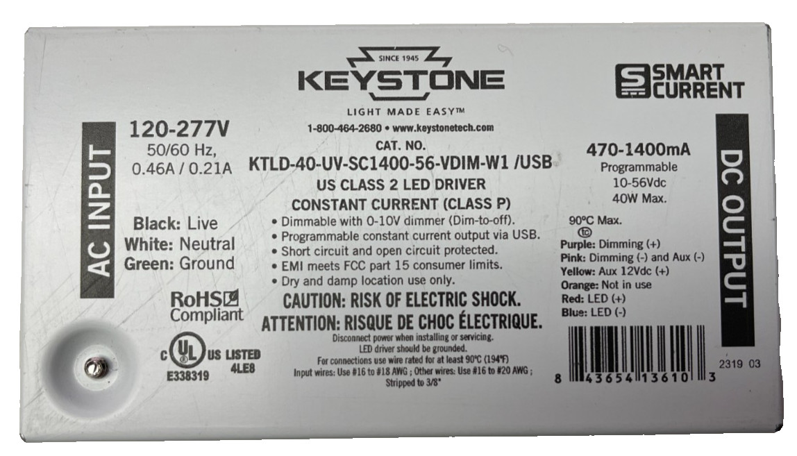 Keystone 40W 120-277V Programmable LED Driver KTLD-40-UV-SC1400-56-VDIM-W1 /USB