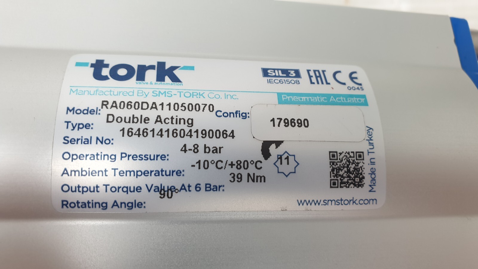 TORK PNEUMATIC ACTUATOR RA060DA11050070 DOUBLE ACTING, W/ ASTEKNIK 1120