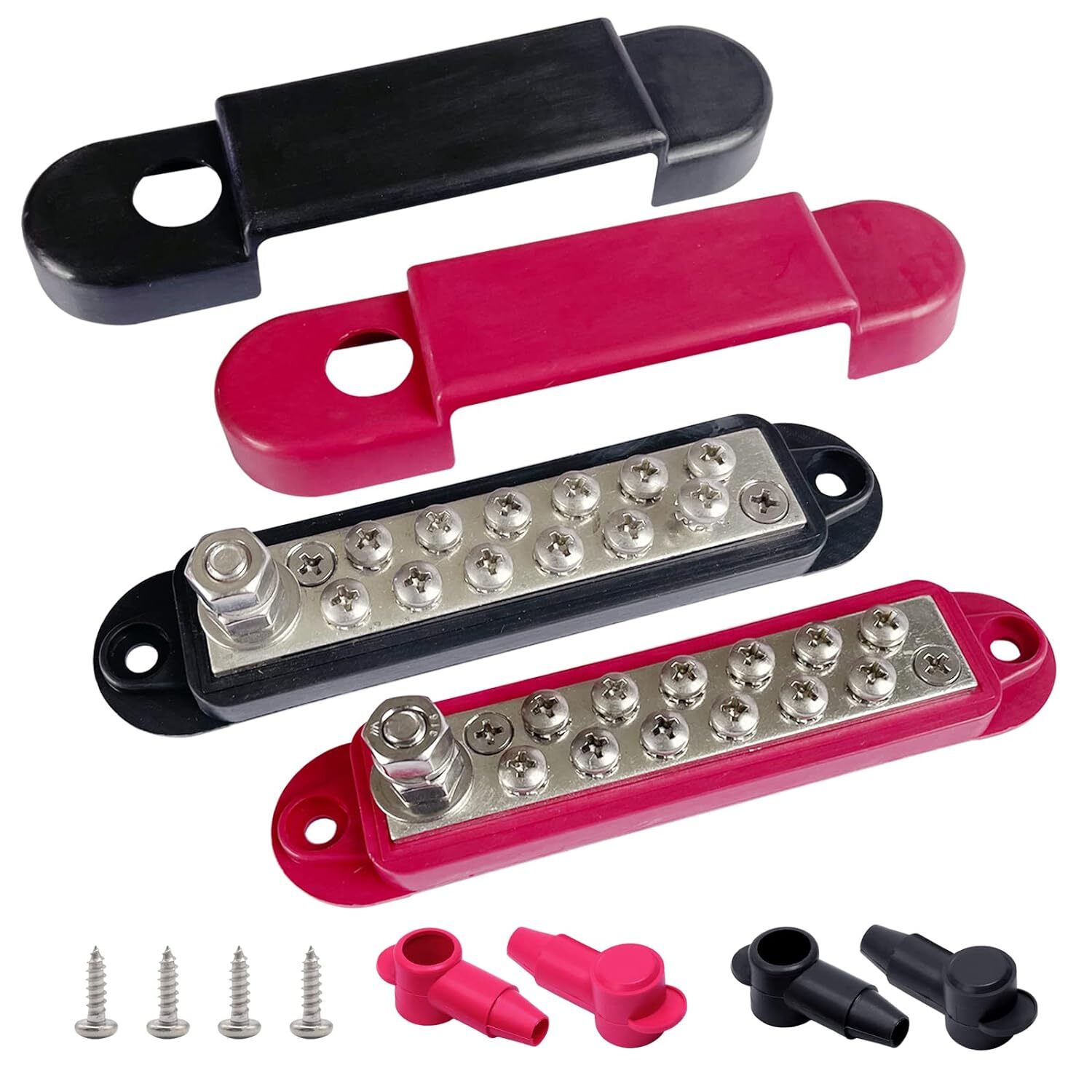 12 Terminals Bus Bar, Ampper 5.3″ Nickle Plated Brass, Red & Black