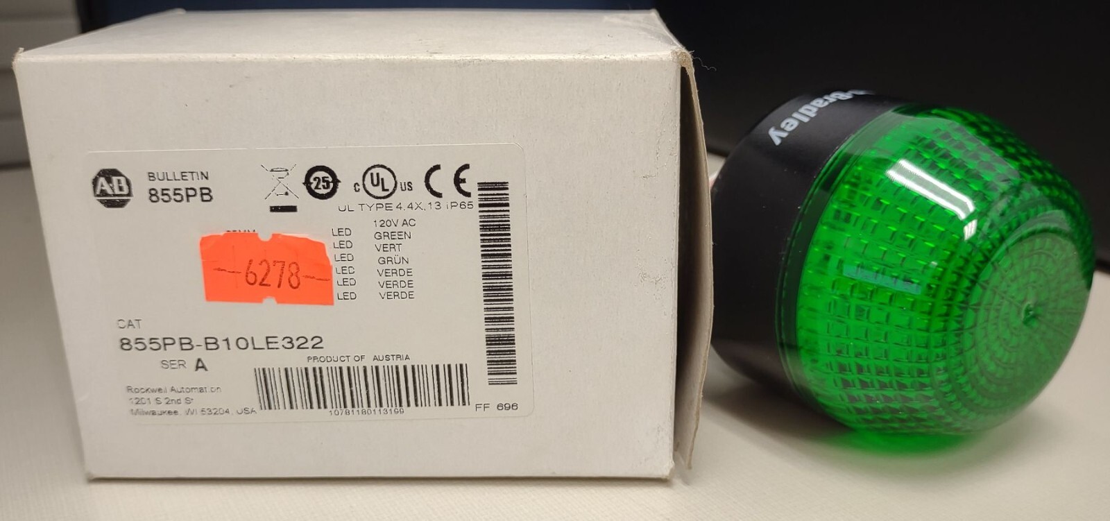 New Allen Bradley 855PB-B10LE322 PANEL MOUNT BEACON 120VAC 65 MM GREEN LED