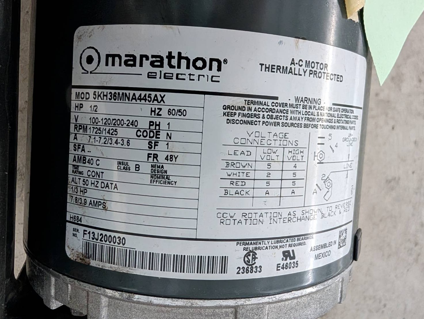Marathon Electric 5KH36MNA445AX AC Motor 1/2 HP 100-120/200-240V