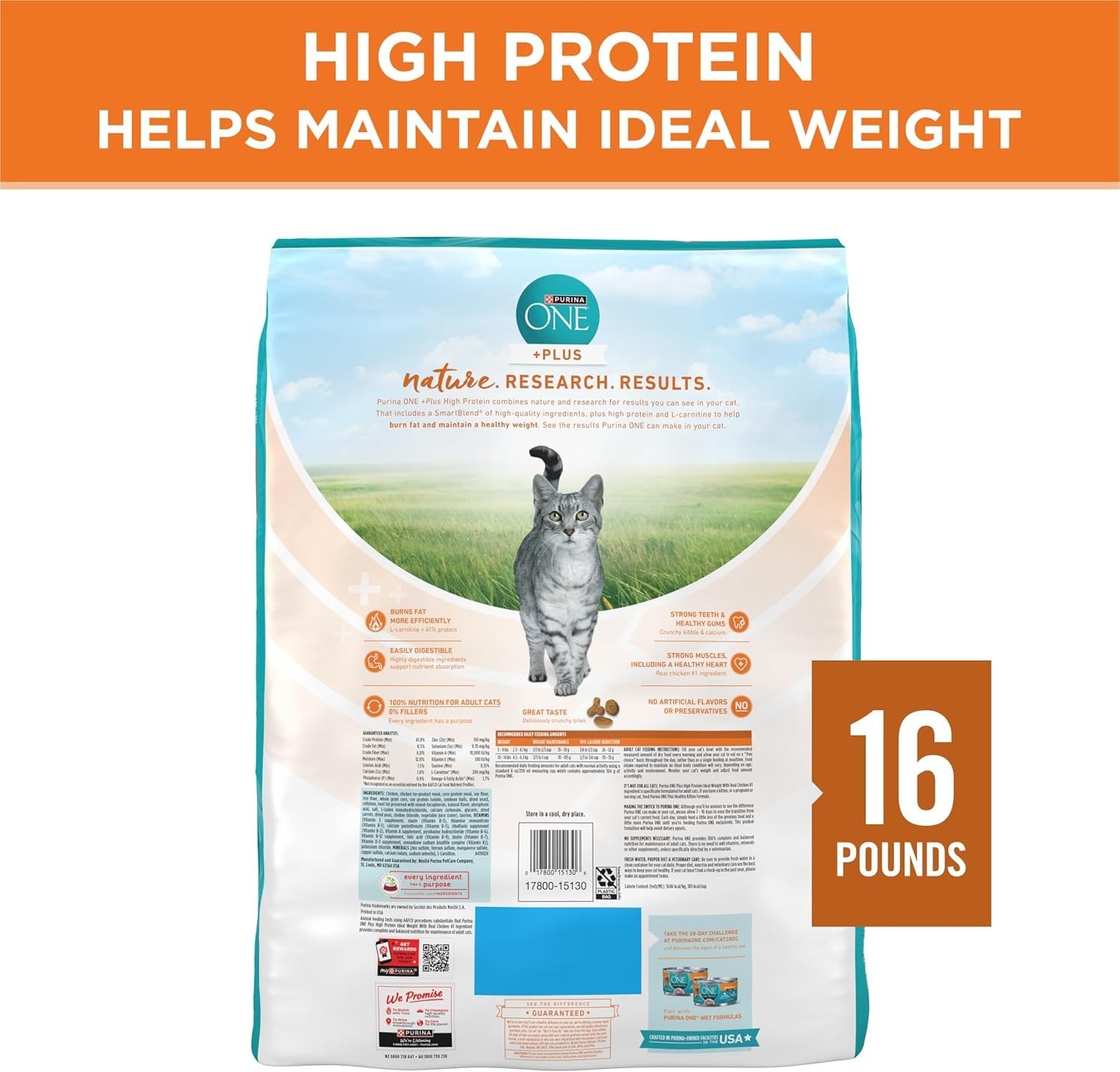 2PK Purina ONE +Plus Ideal Weight Adult Cat Dry Food – Turkey, High-Protein,16lb