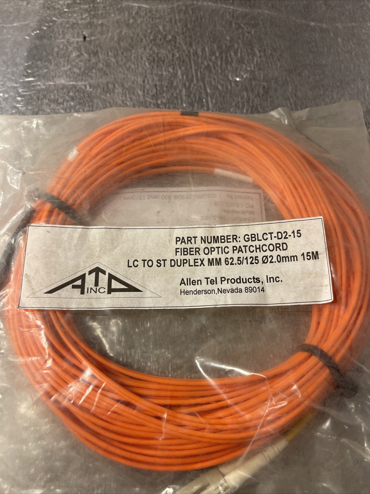 ALLEN TEL PRODUCTS GBLCT-D2-15 FIBER OPTIC PATCH CORD