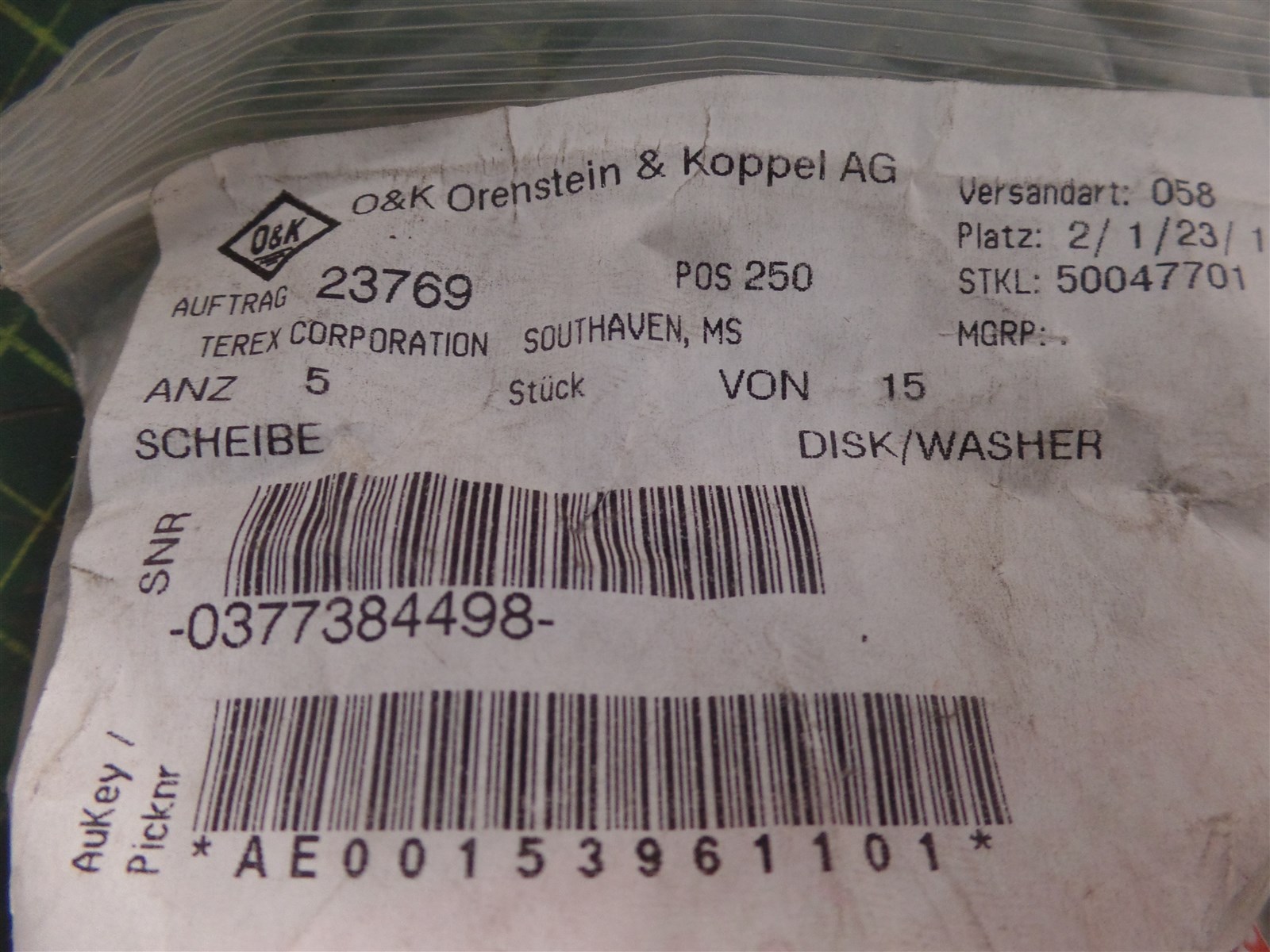 GENUINE O&K 23769 DISK/WASHER, TROJAN O&K 10738449800,TEREX 10-738449800, NOS