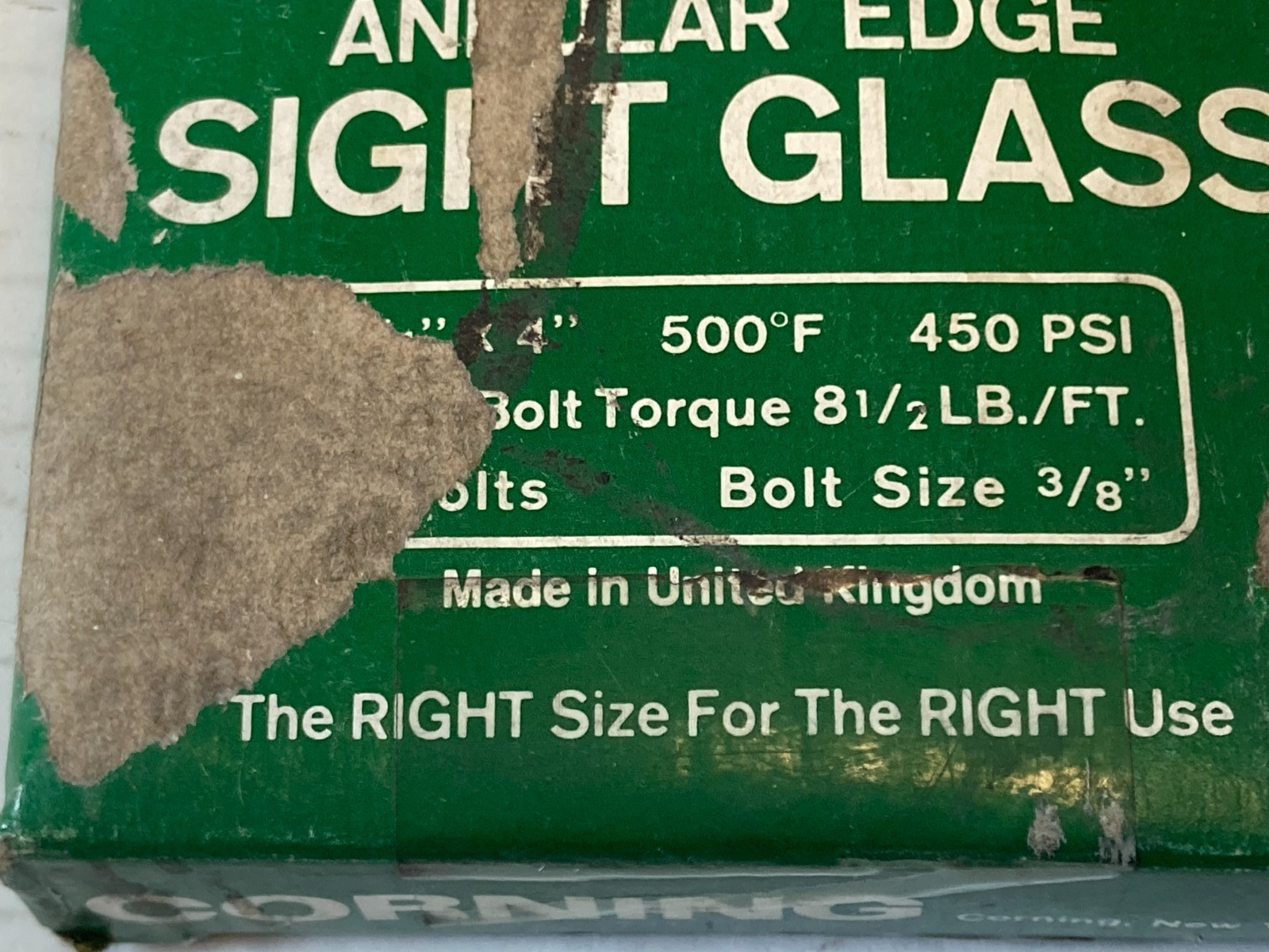 PYREX 3/4″ X 4″ SIGHT GLASS 500 Degrees Fahrenheit 450 PSI High Pressure