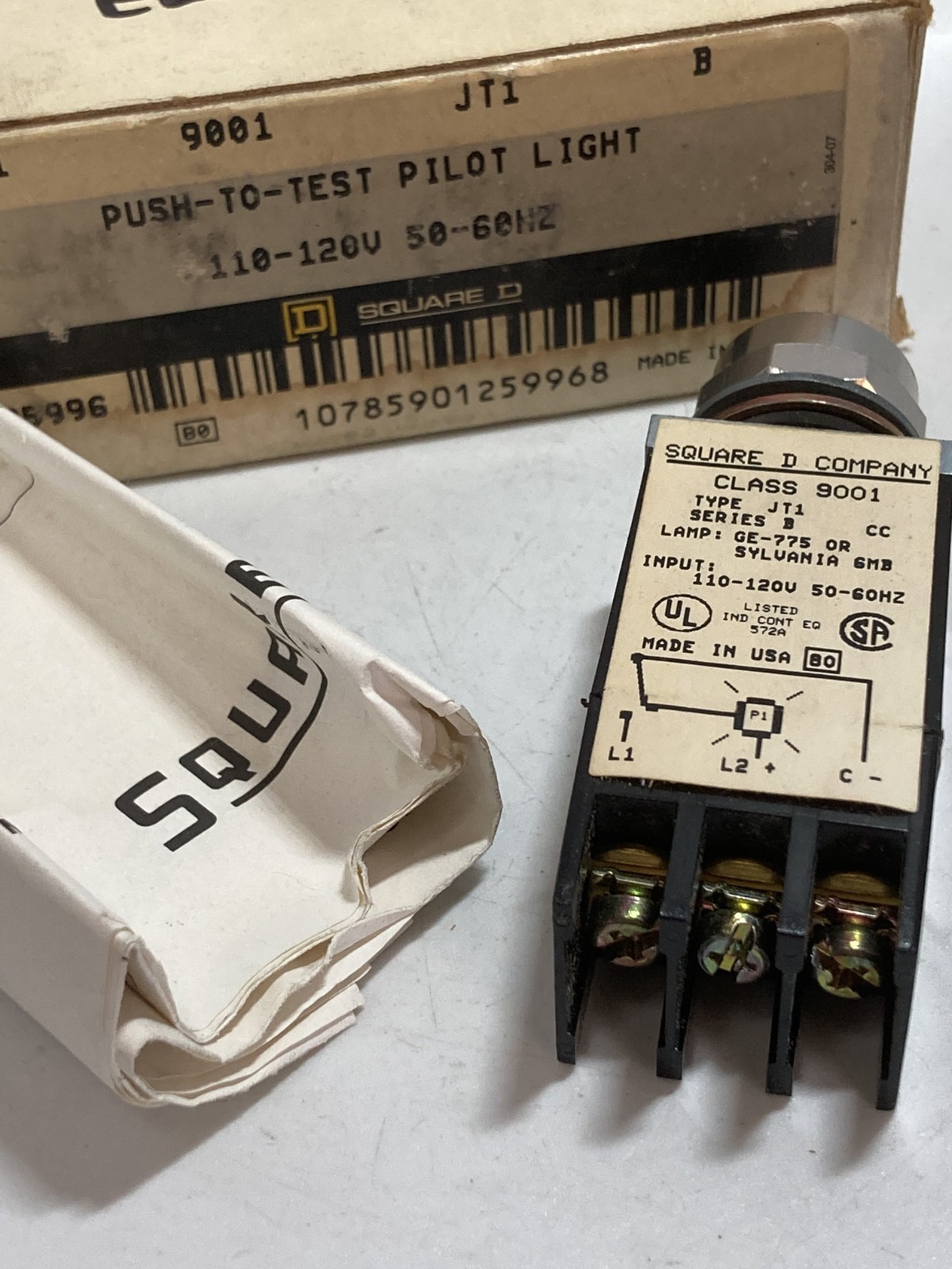 SQUARE D 9001JT1 PUSH TO TEST PILOT LIGHT 110-120V 50-60HZ WO/LENS NIB