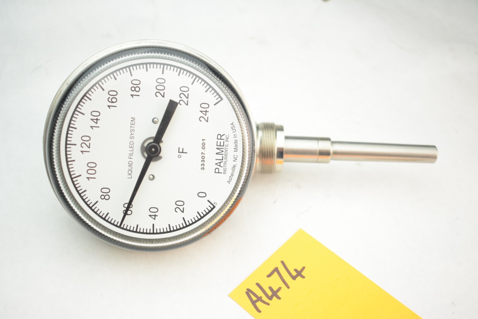 Palmer Industrial Temperature Gauge Liquid filled 0-240F Glass Face