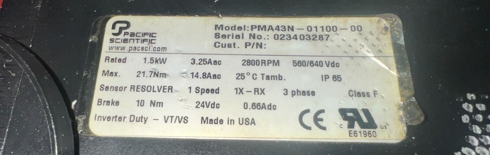 Pacific Scientific #PMA43N-01100-00 Servo Motor