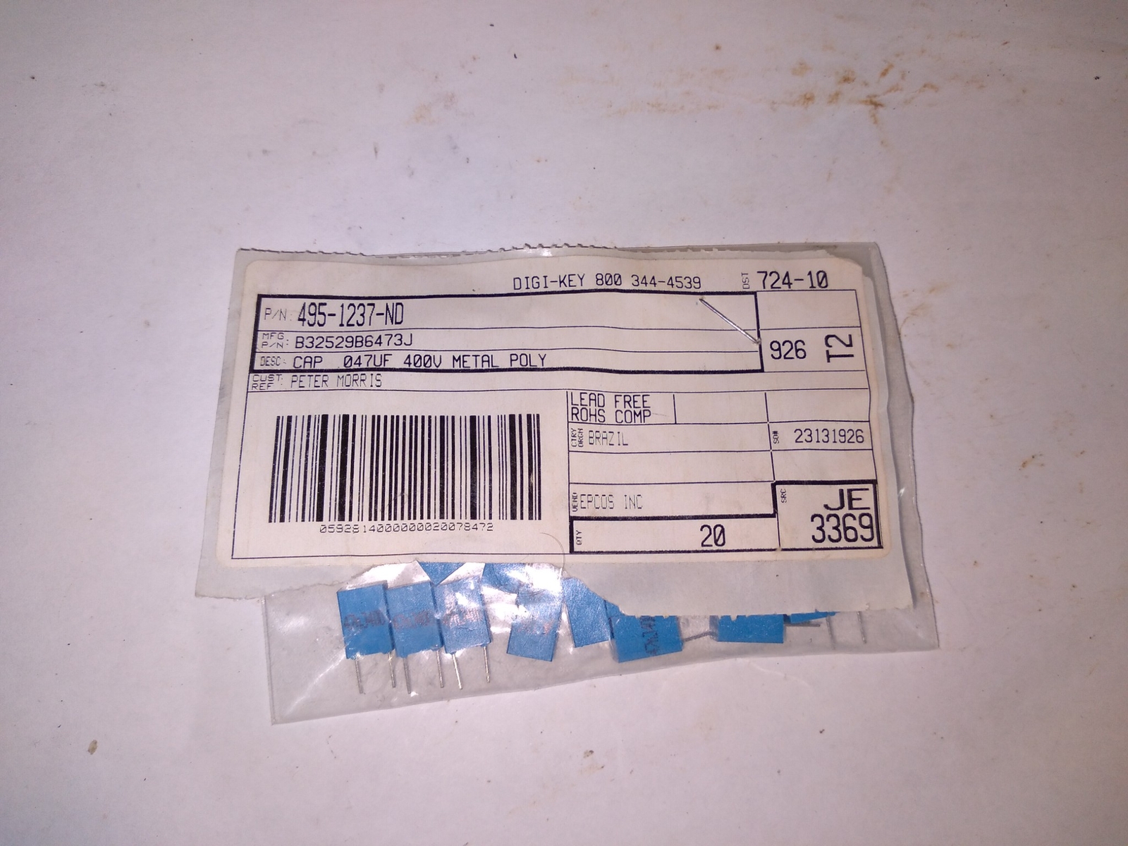 EPCOS 495-1237-ND B32529B6473J CAP .047UF 400V METAL POLY .. LOT OF 5
