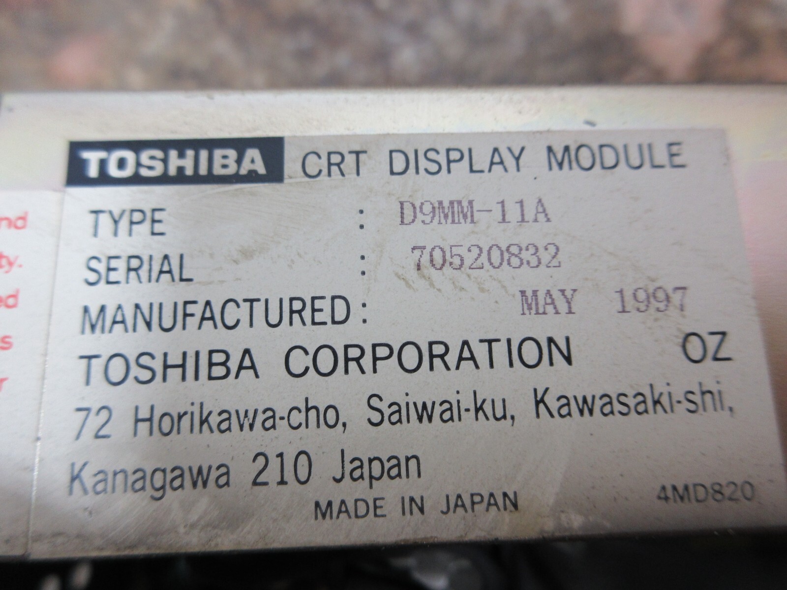 TOSHIBA MONITOR DISPLAY D9MM-11A A61L-0001-0093 4MDB059G WARRANTY