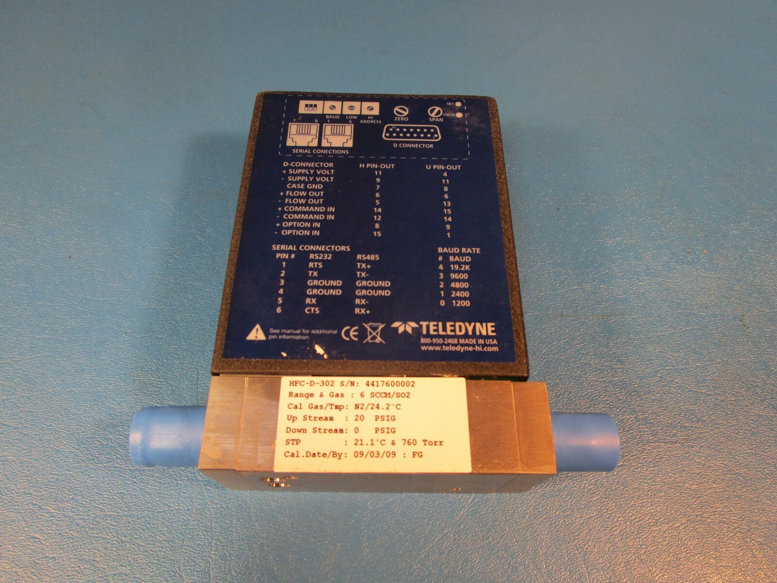 Teledyne Hastings HFC-D-302 Flow Controller, Range: 6, Gas: SCCM/SO2, 20 PSIG Up