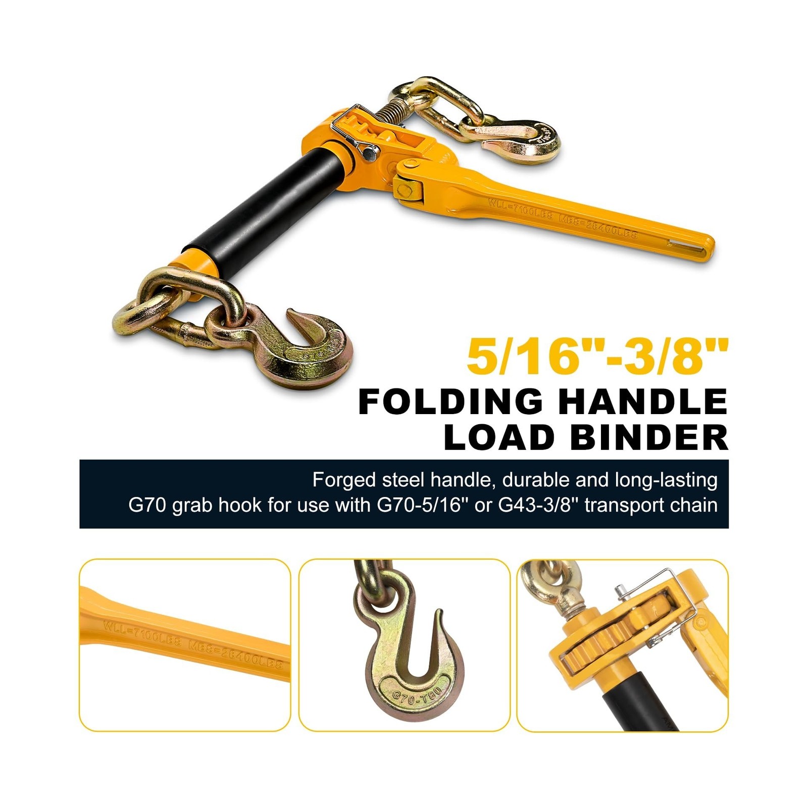 5/16″ – 3/8″ Folding Handle Load Binder, Heavy Duty Ratchet Chain Binder w/Gr…