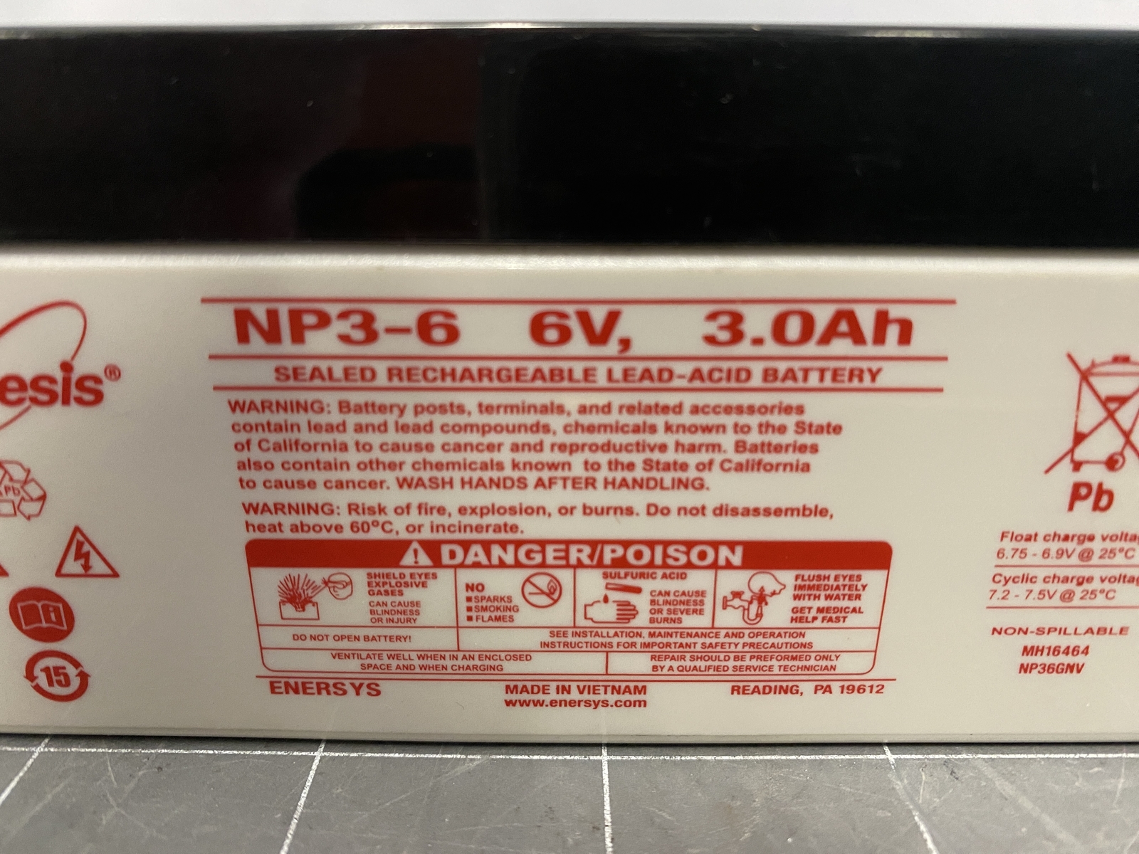 Enersys Energy Products Inc. Genesis Rechargeable Battery 6V 3.0Ah PN: NP3-6