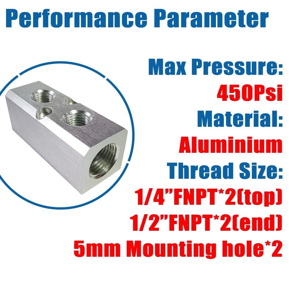 2 Way 4 Port Air Manifold 1/2 NPT Supply 1/4 NPT Outport Aluminum Silver