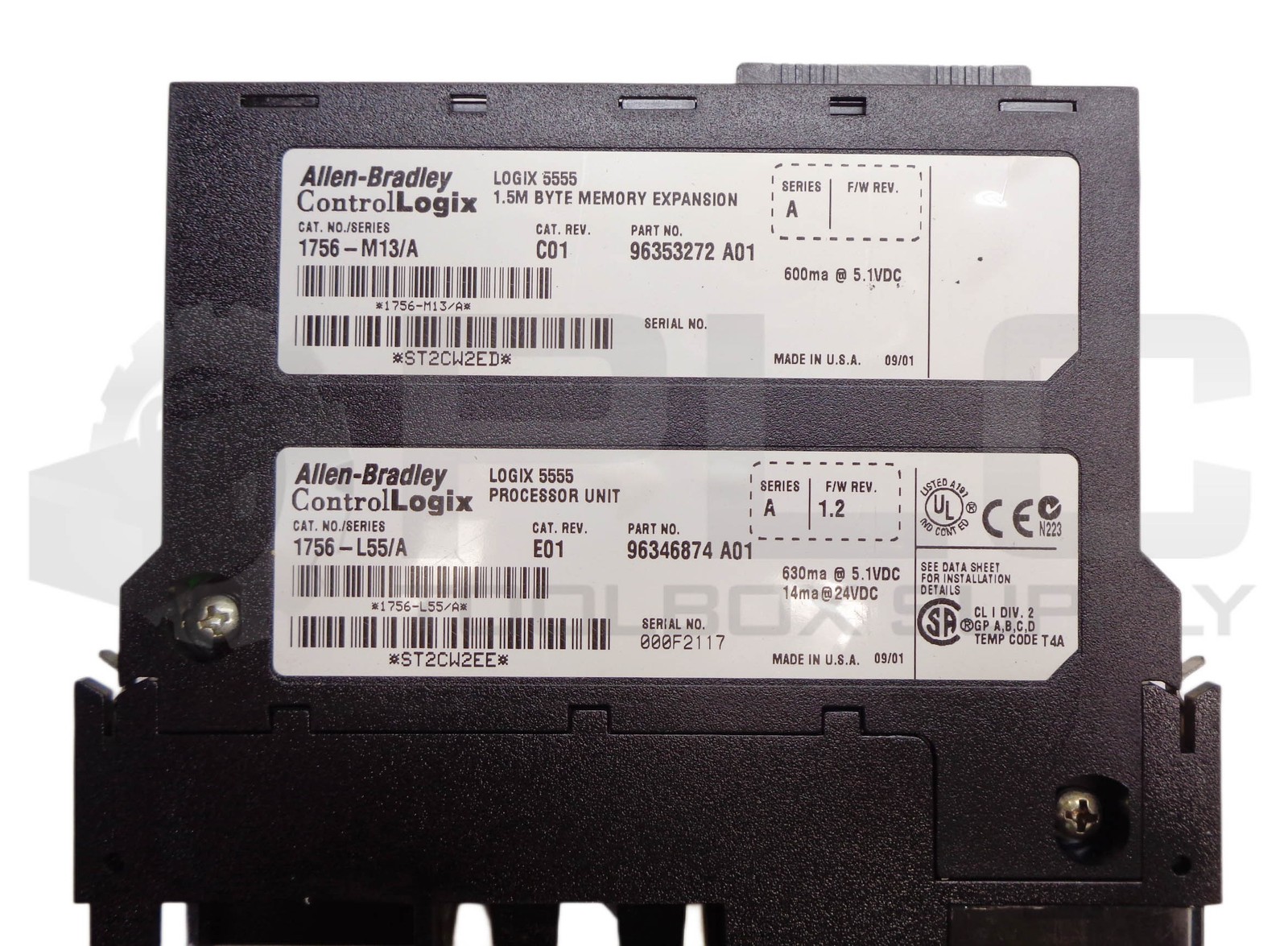 ALLEN BRADLEY 1756-L55 /A LOGIX 5555 PROC UNIT W/ 1756-M13 /A MEMORY EXP*READ*