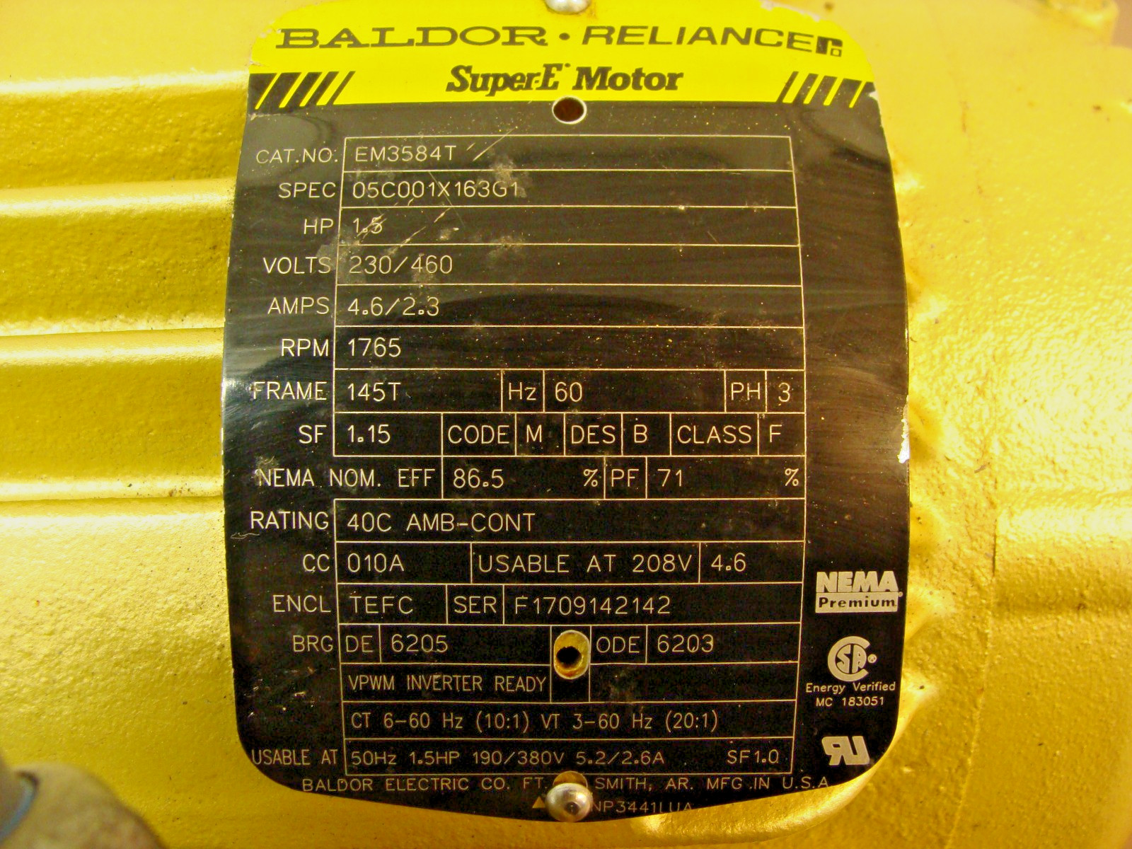 BALDOR / RELIANCE EM3584T 1-1/2 HP SUPER-E MOTOR 3 PH 230/460V 4.6/2.3A1765 RPM