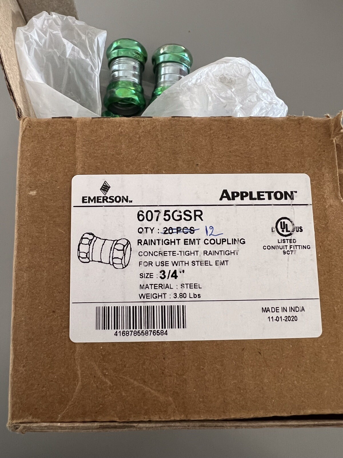 12 Emerson Appleton 6075GSR 3/4” Raintight EMT Coupling total of 12