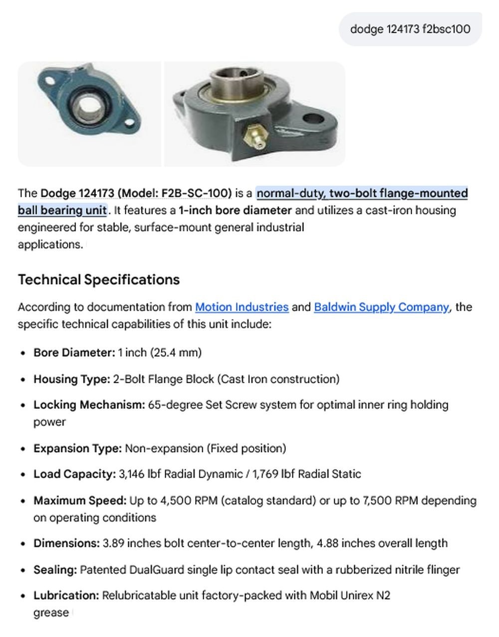 1 NEW DODGE 124173 F2BSC100 1” 2 BOLT FLNG PILLOW BLOCK BEARING NIB *MAKE OFFER*