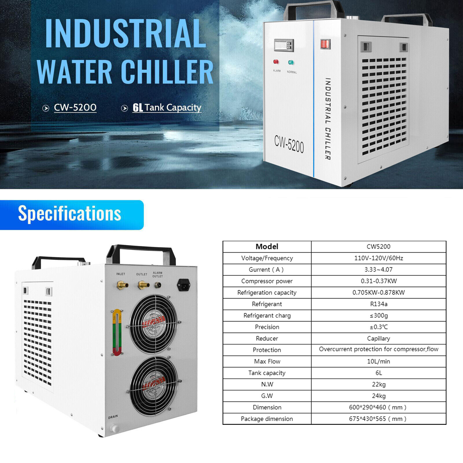 US Stock CW-5200 Water Chiller Industrial 6L for Laser CO2 Cutter Tube Engraver