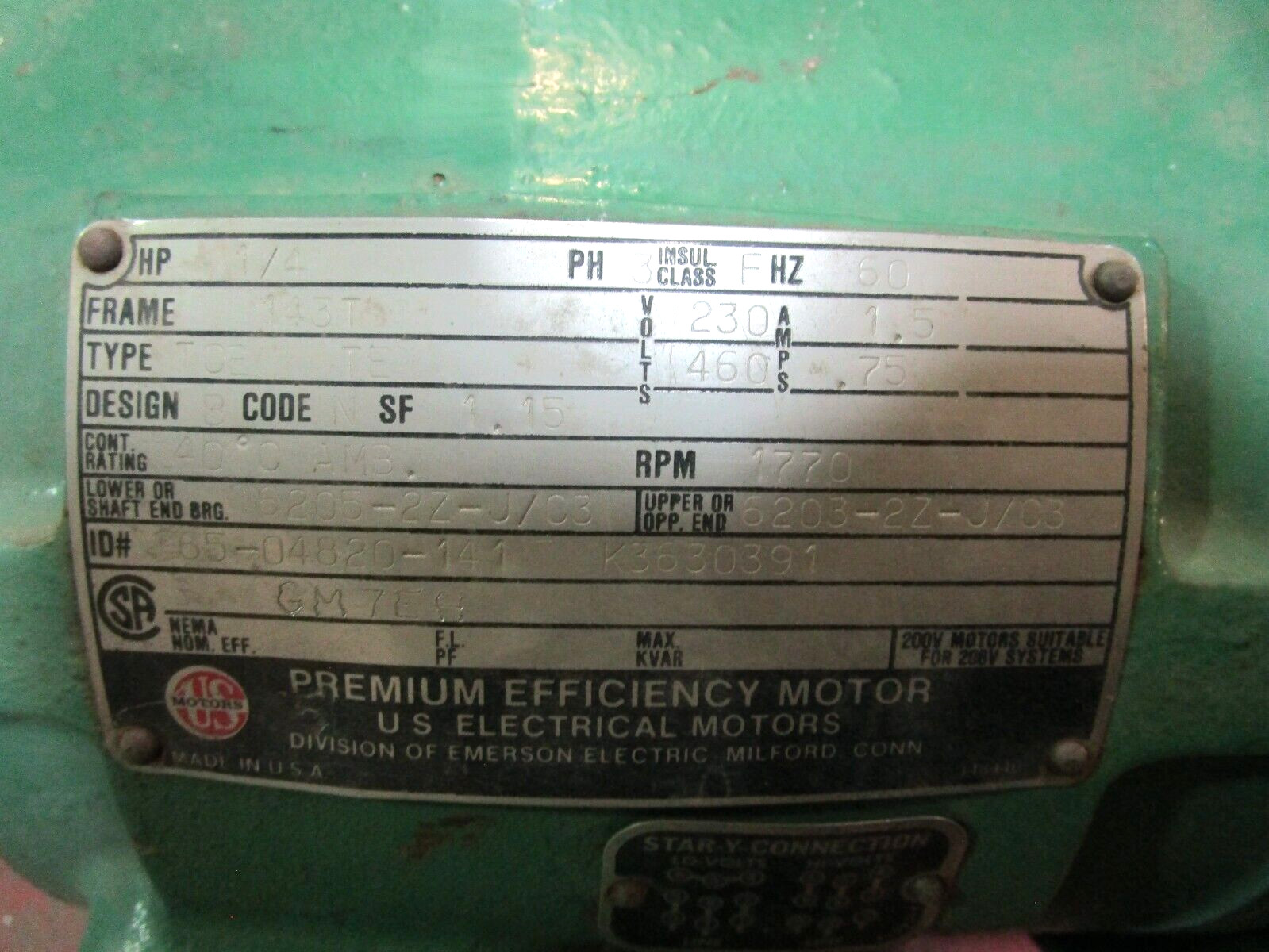 US Electrical Motors 1/4 HP 3 PH 143T Frame 230/460 Volts 1770 RPM 51211LR