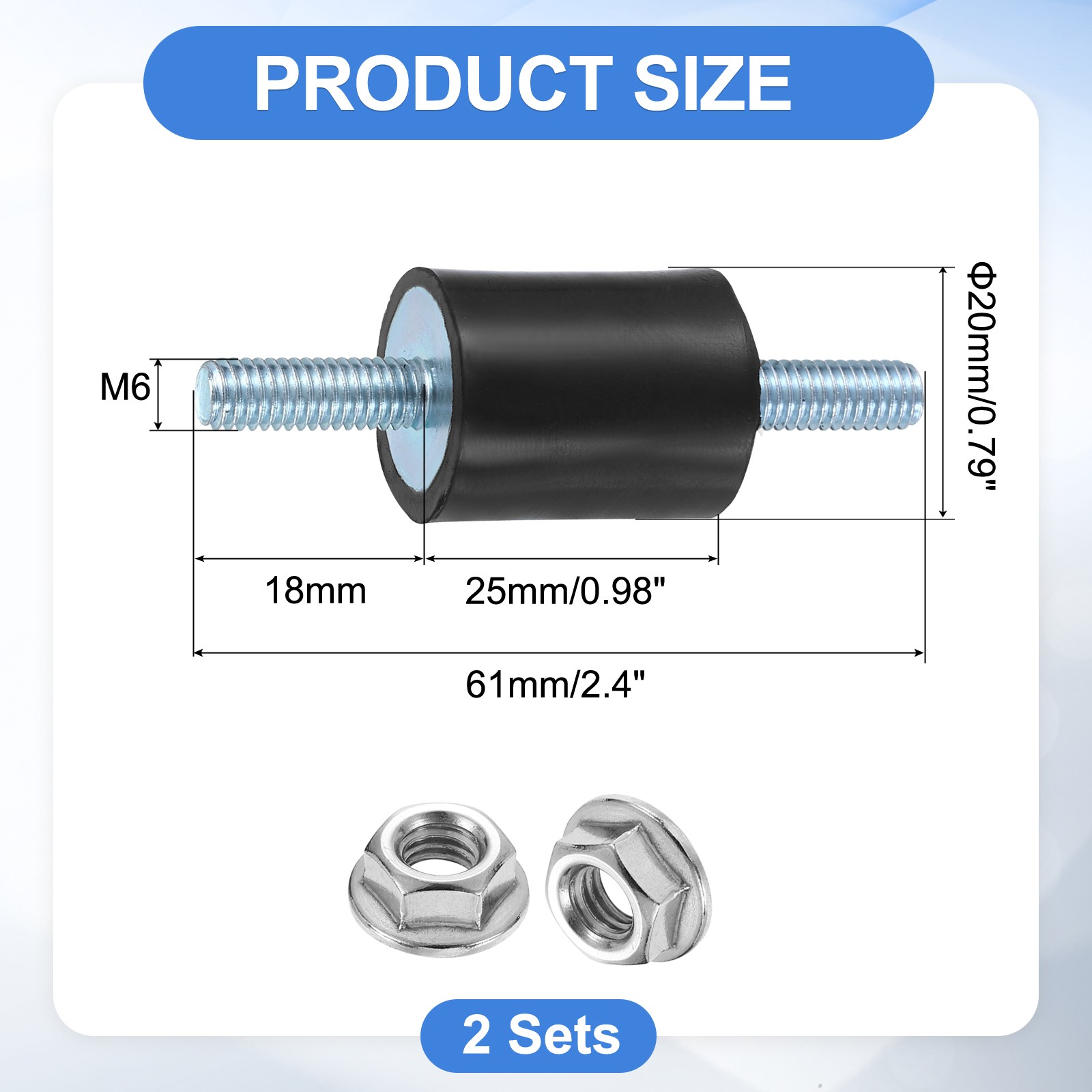 2Pcs M6 x 18mm Rubber Mounts, 25 x 20mm Rubber Vibration Isolator with Nuts