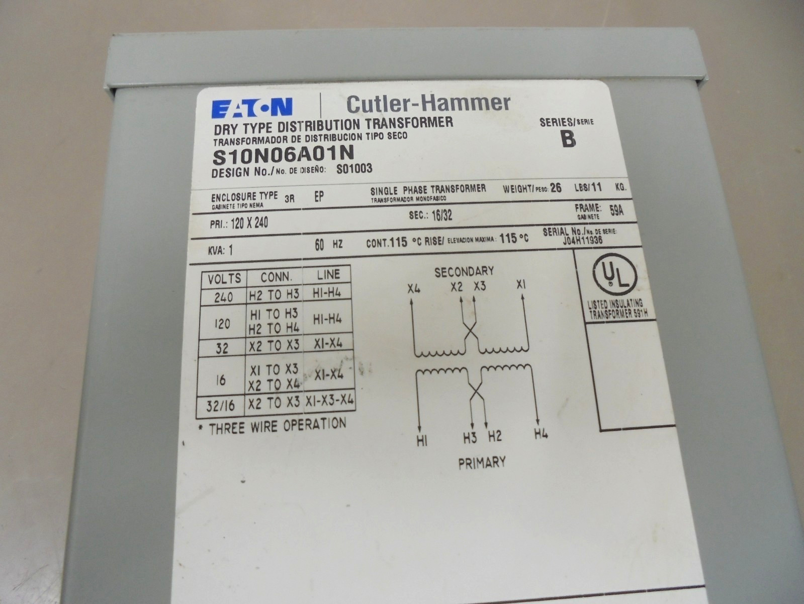 Cutler Hammer S10N06A01N Dry Type Distribution Transformer 120/240 to 16/32