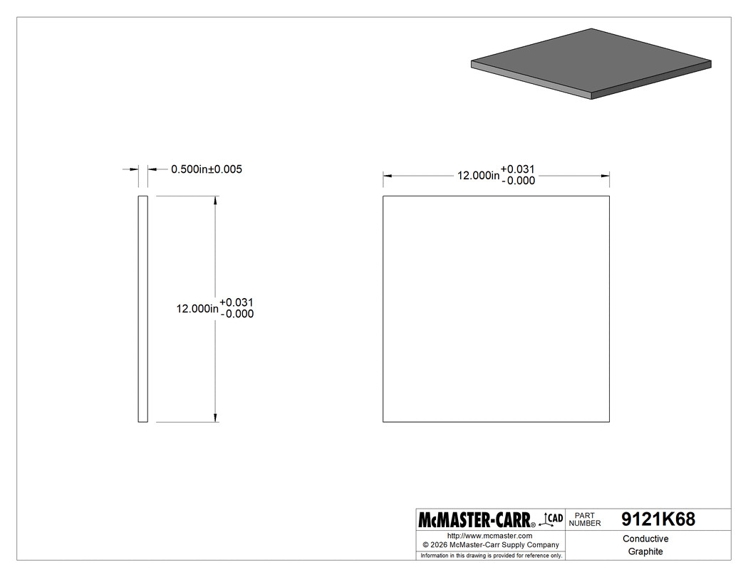 McMaster 9121K68 Conductive Graphite Sheet, 12″ x 12″, 1/2″ Thick