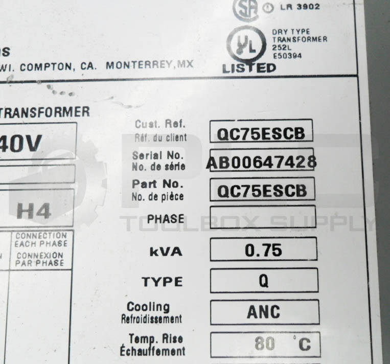 HAMMOND QC75ESCB ISOLATION/BUCK-BOOST TRANSFORMER 240V 50/60HZ