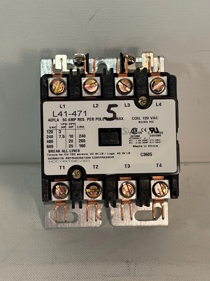Used – Johnstone Supply Contactor L41-471 120V Coil HCCY4XT04CJ303 40FLA 600v