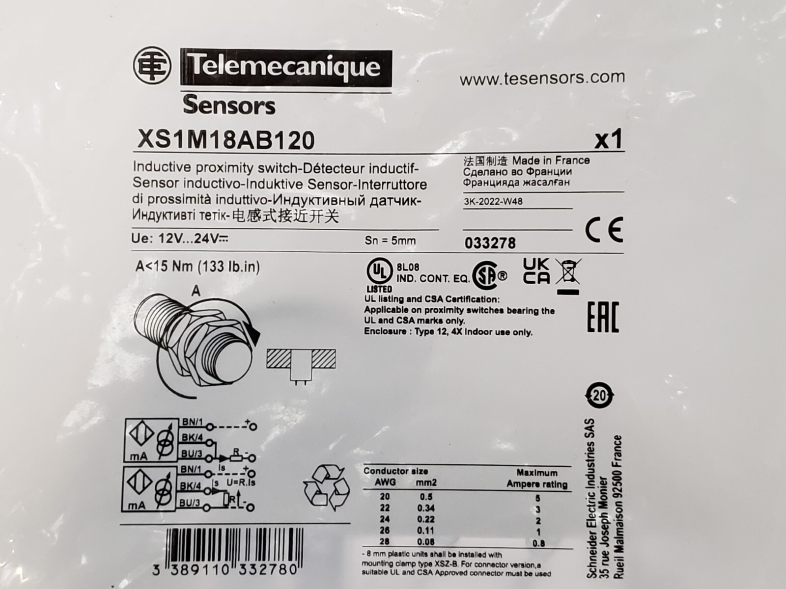 TELEMECANIQUE XS1M18AB120 INDUCTIVE PROXIMITY SENSOR 12-24VAC 1NC NIB