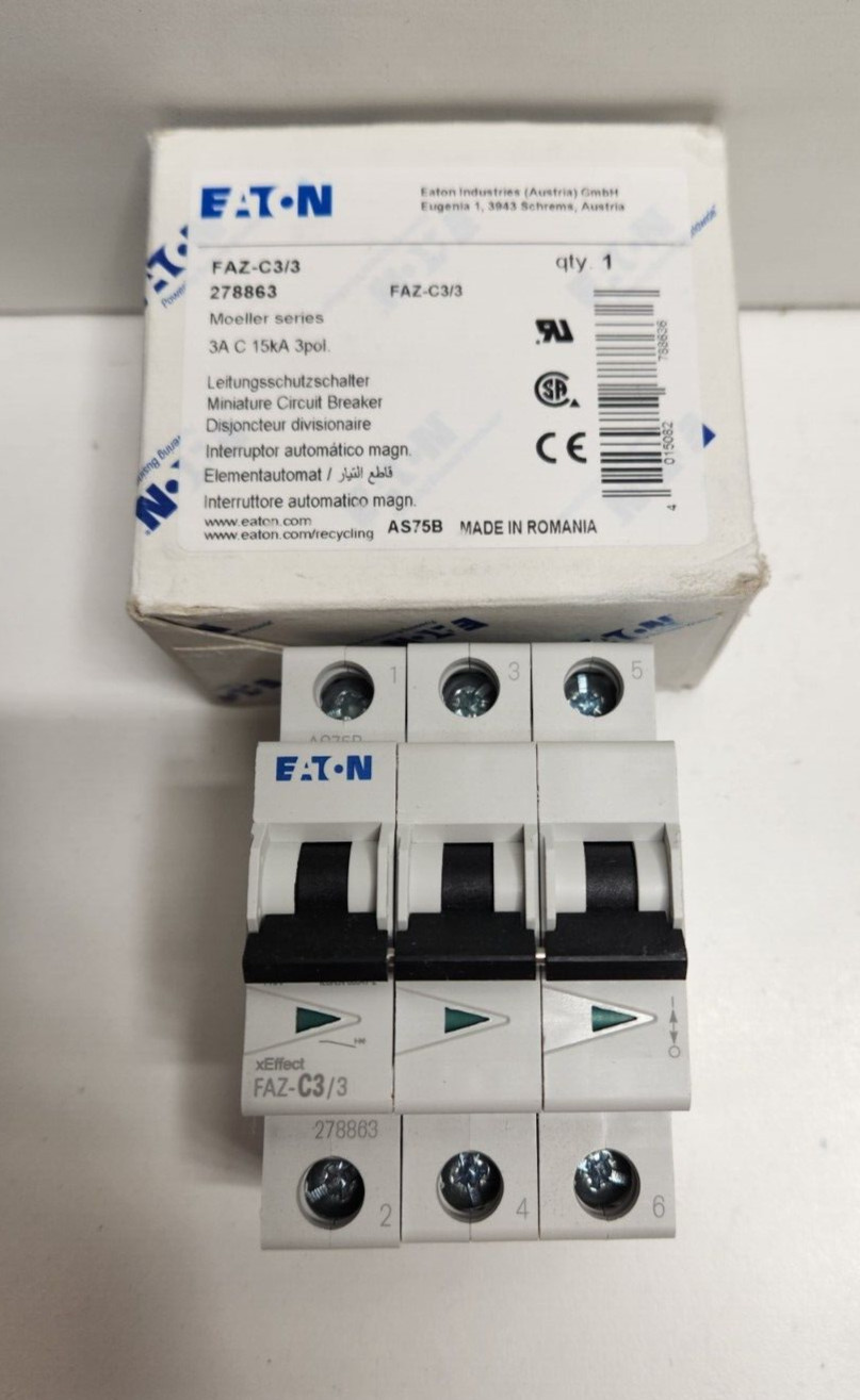 NEW IN BOX! EATON 3A 3-P 480Y/277V CIRCUIT BREAKER FAZ-C3/3