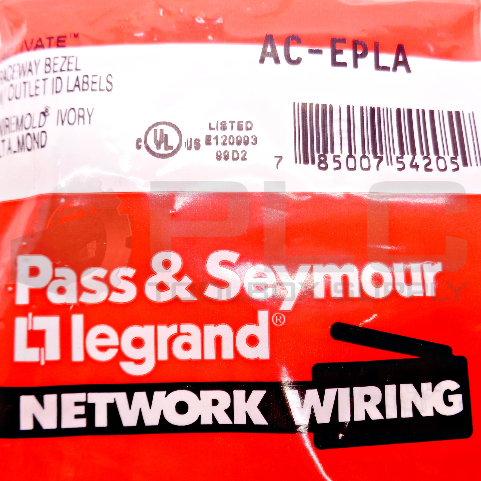 BOX OF 8 NEW PASS & SEYMOUR AC-EPLA RACEWAY BEZEL W/ OUTLET ID LABELS LT ALMOND