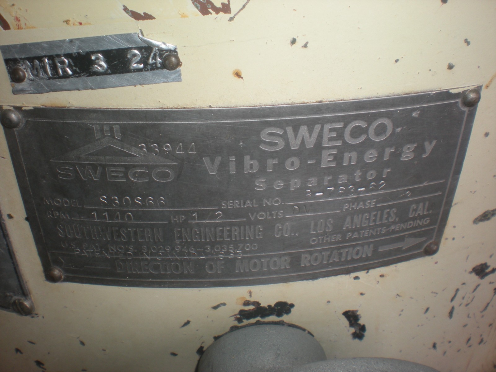 Sweco Model S30S66 Vibro-Energy Separator – 460VAC – 3-Phase – Test Ran OK
