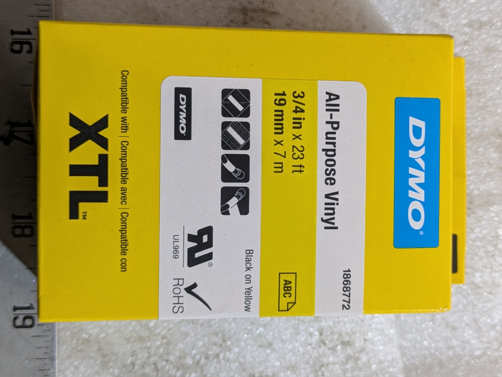 DYMO 1868772 All-Purpose Vinyl Label Tape 3/4in x 23ft Black on Yellow