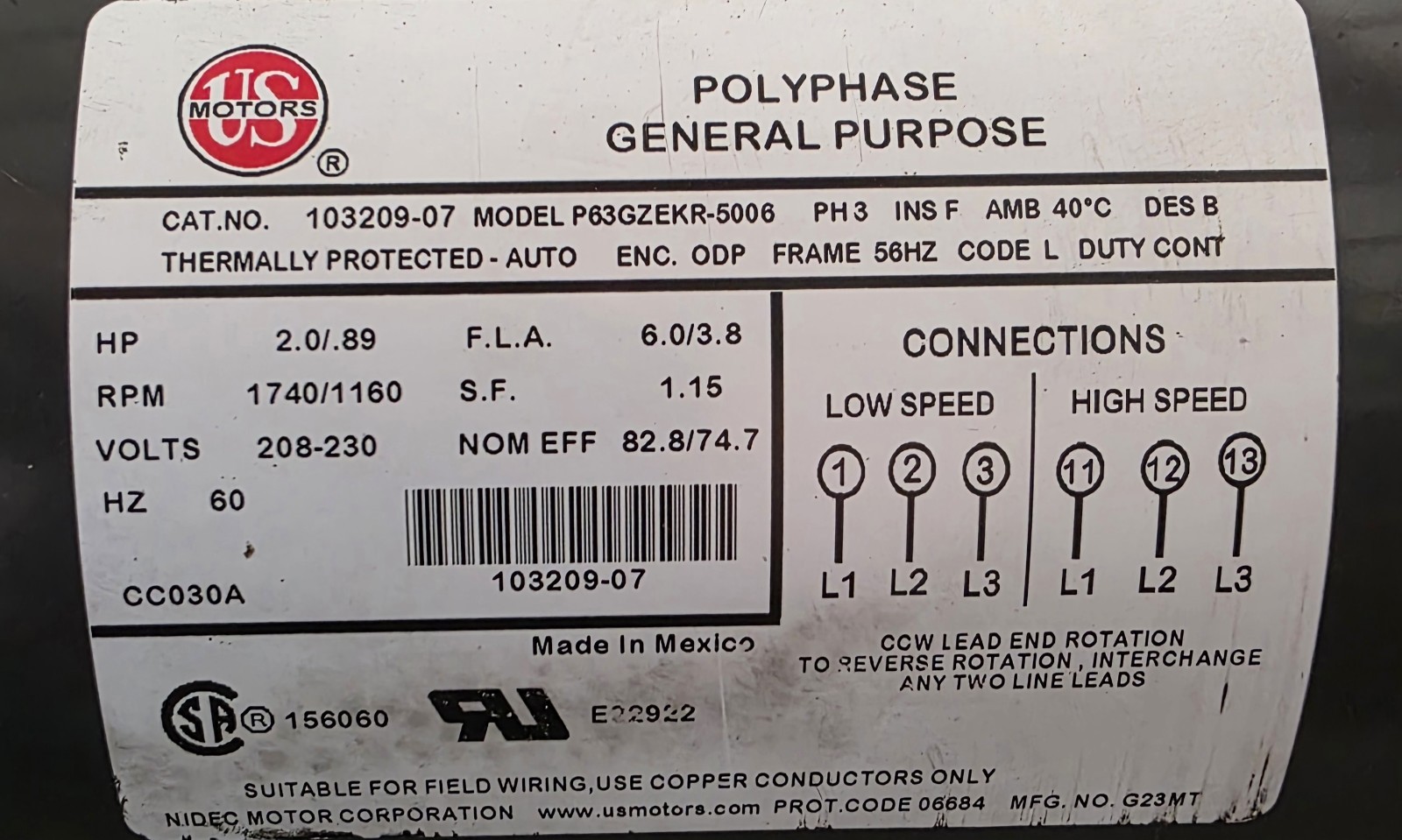 New US Motors 103209-07 Blower Motor 208-230V 2HP 1740 RPM P63GZEKR-5006