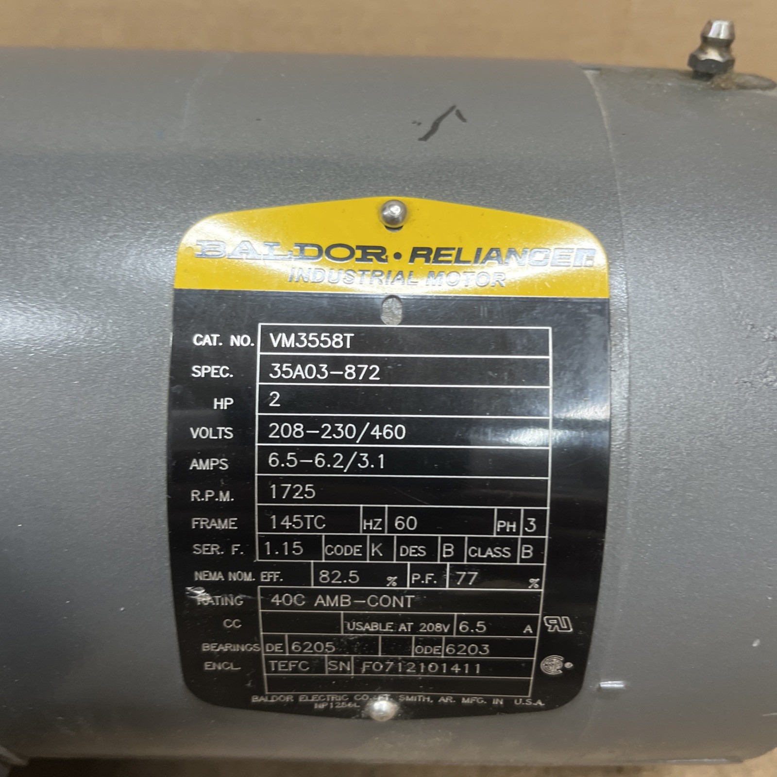 Used Baldor Reliance VM3558T Motor 35A03-872 2HP 208/230/460 Volt 1725 RPM 145TC